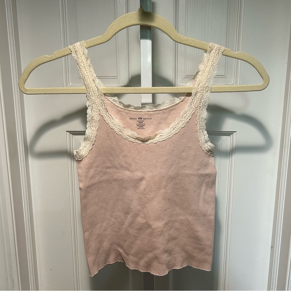 Brandy Melville Pale Pink Lace-Trim Ribbed Tank Top | Fits XS/S